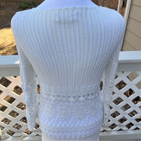 Velvet by Graham Spencer Crochet Knit White Dress V Neck 3/4 Sleeve MIDI Small - Picture 7 of 16